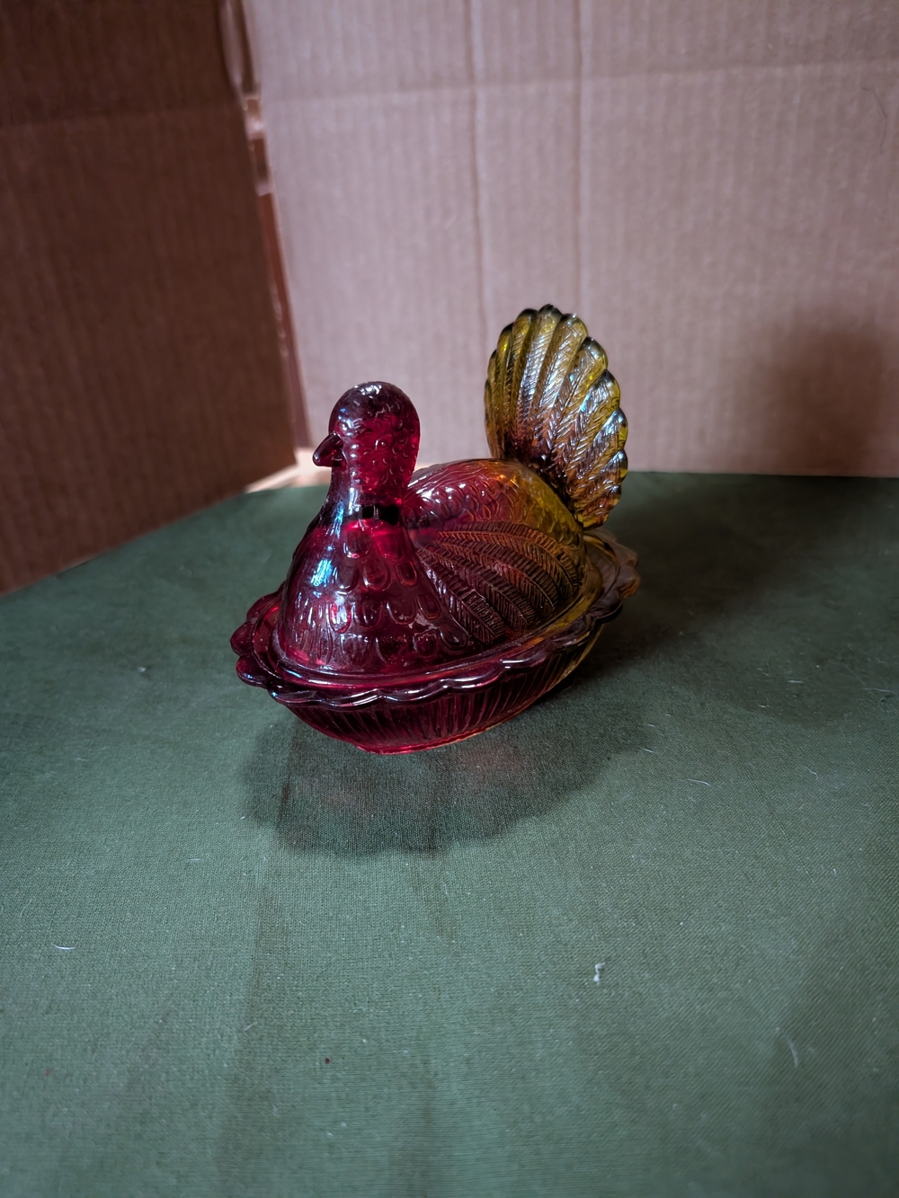 Glass Turkey on Nest Decorative Dish - Red and Amber